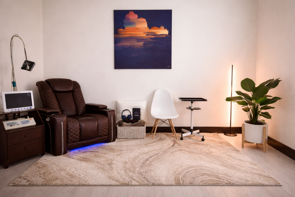 Ketamine infusion therapy room at Lumus in Corona, California with a comfortable recliner, soft lighting, and calming decor designed for mental health treatment.