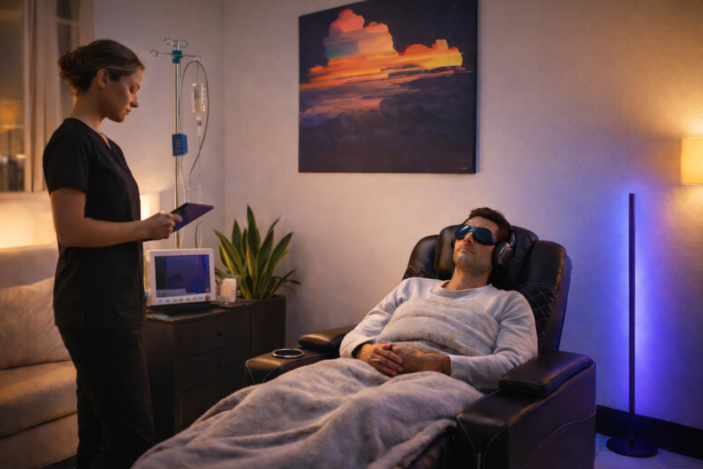 Patient resting comfortably during medically supervised ketamine infusion at Lumus Mind clinic in Corona, California